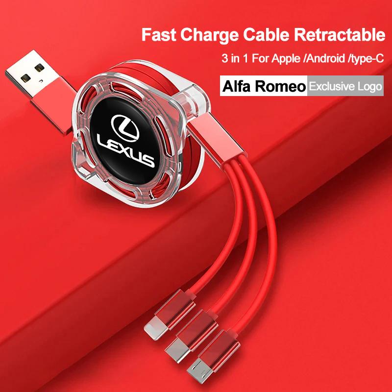 3 In 1 Retractable Data Cable USB Type-C Car Charger Head Auto Accessories For Lexus RX330 IS250 Ct200h ES300h LBX/Car Keychain