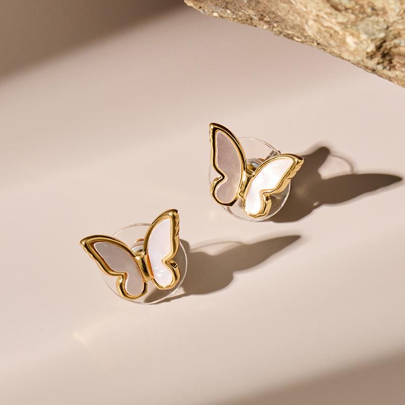 Elegant Gold-Plated Butterfly Mother-of-Pearl 925 Silver Stud Earrings