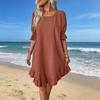Women's Summer Cotton Linen Dress Casual Crew Neck Short Sleeve Midi Dress Beach Vacation Ruffle Hem Loose Dress