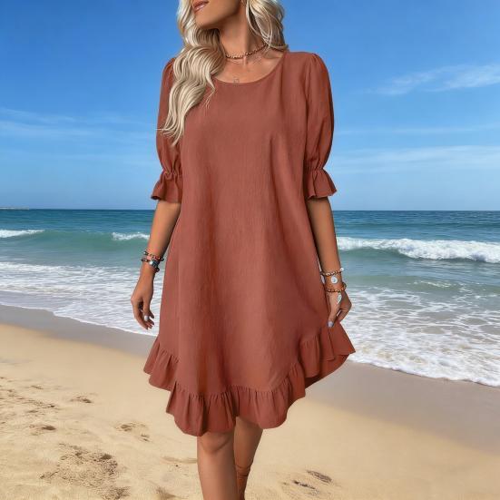Women's Summer Cotton Linen Dress Casual Crew Neck Short Sleeve Midi Dress Beach Vacation Ruffle Hem Loose Dress