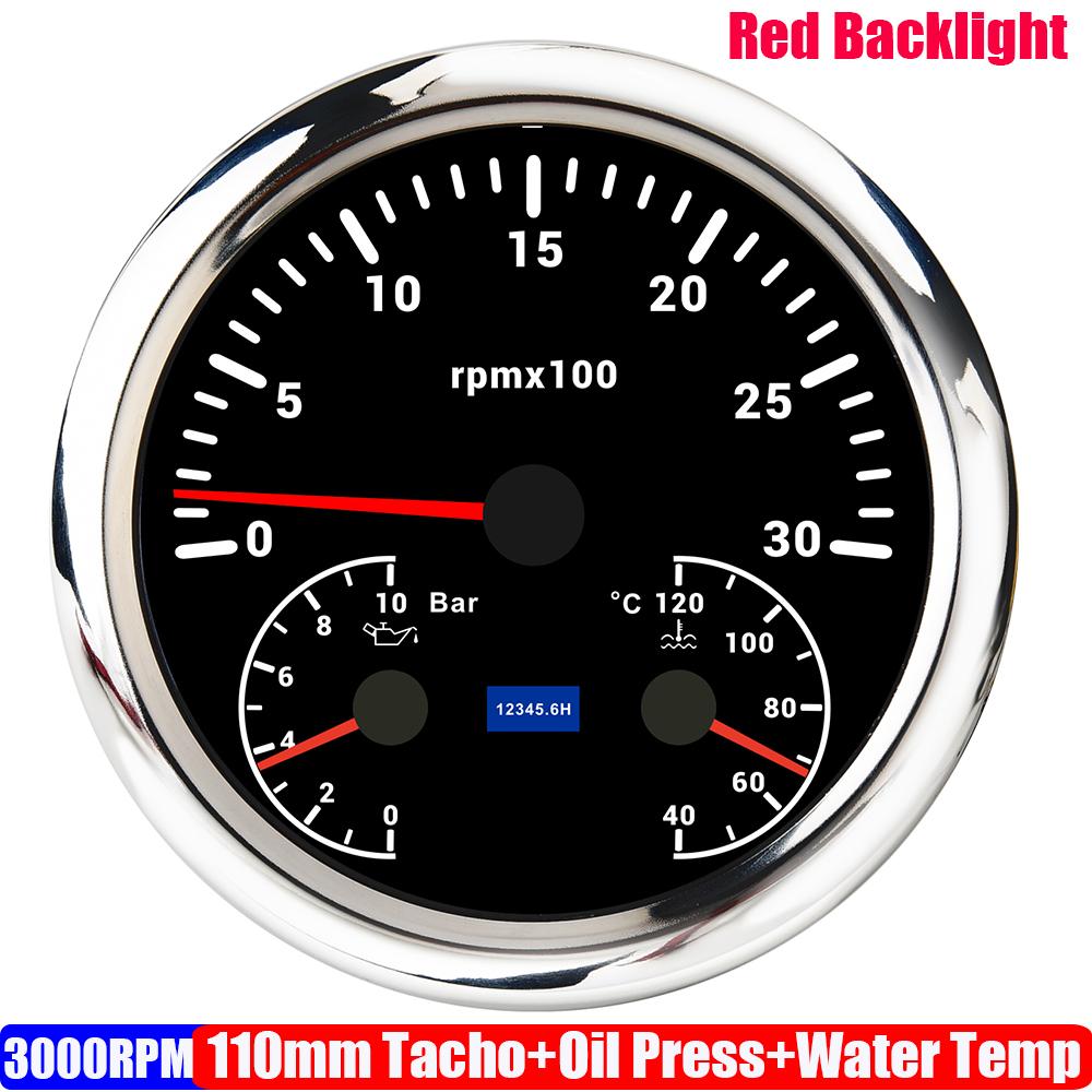 ZMFJH Multifunctional 110mm Gauge Red LED 3000-8000RPM Tachometer+Oil Pressure Gauge+Water Temperature Meter 40-120℃ Car Boat