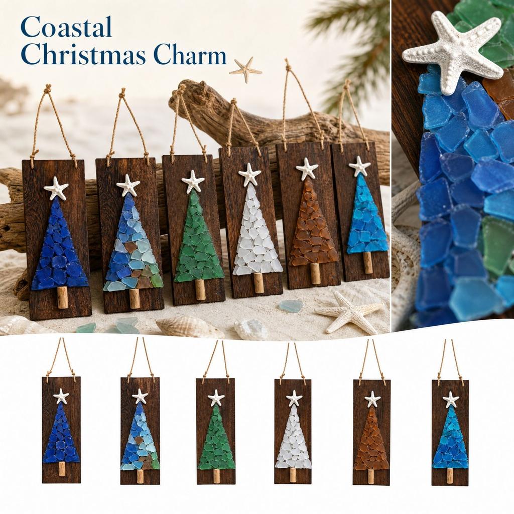 Non-Lighted Sea Glass Christmas Tree Ornament, Driftwood Christmas Hanging Decor for Wall and Wreath