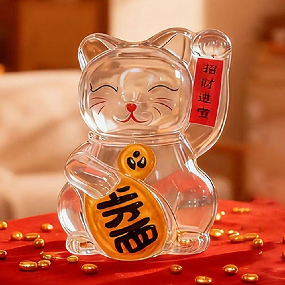 Cute Lucky Cat Piggy Bank Clear Glass Gold Bean Container Cat Shape Saving Jar  Office Decor