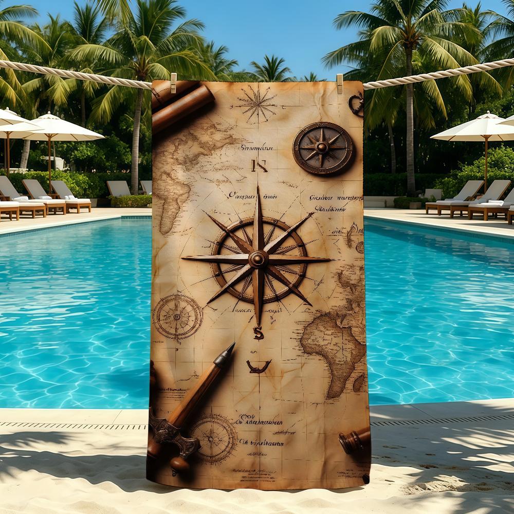 Towel For Outdoor Camping Beach Retro Towel World Map Super and Absorbent Quick-Drying Compass Summer Towel
