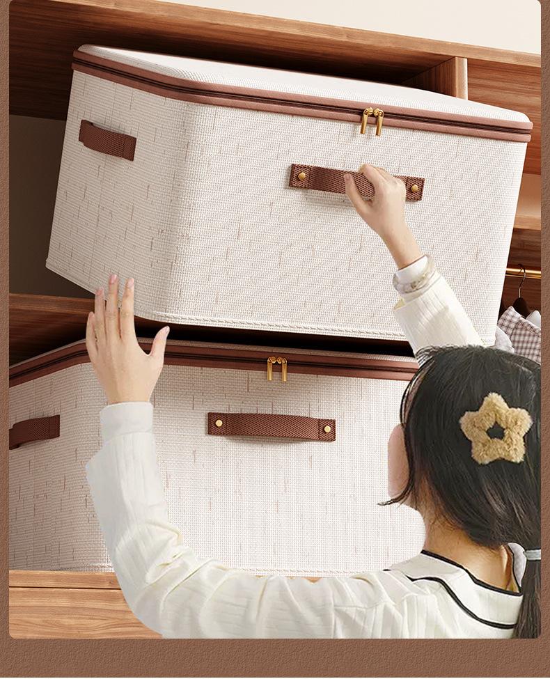 Large Household Storage Box Heavy-duty Hard Shell Cotton Linen Zipper Storage Organizer Box with Lid for Clothes Toys Blankets