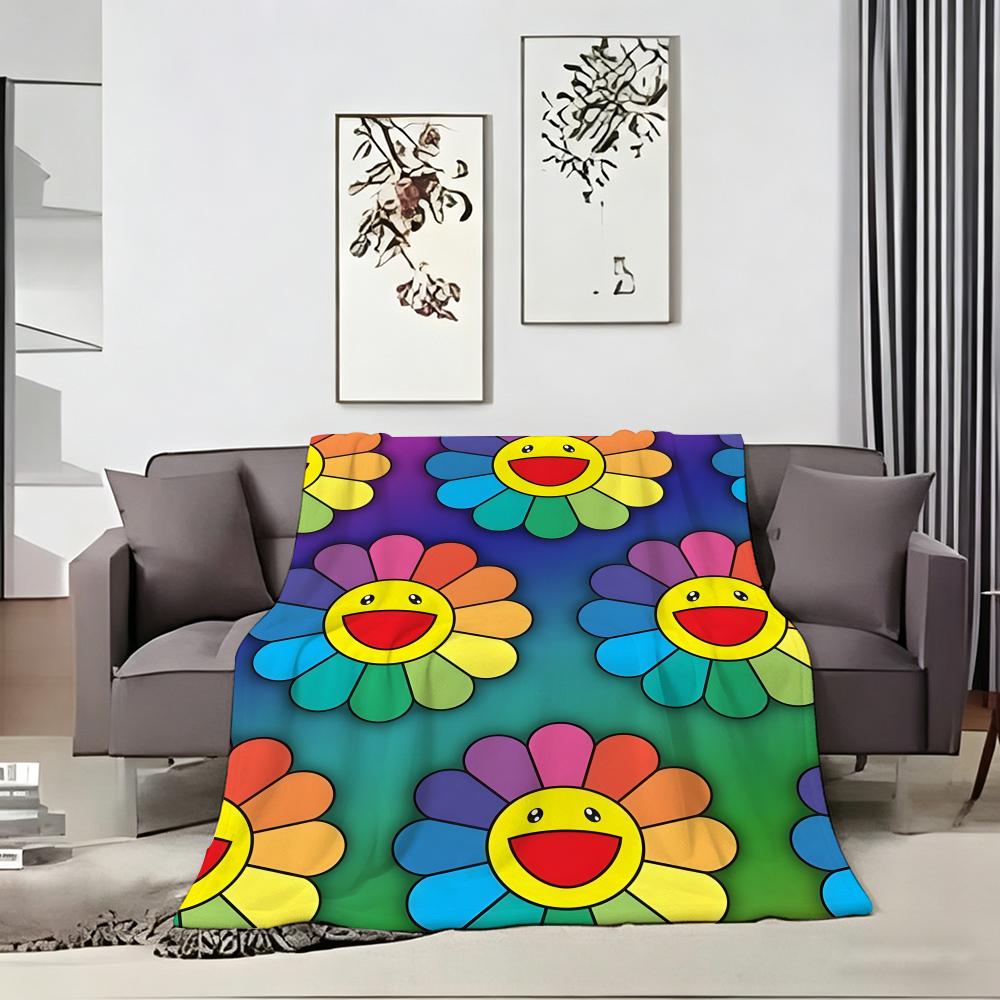 Couverture Lancer Motif Artistique T-Takashi Murakami Fleur Légère 240g Flanelle Douce Agréable pour la Peau Refroidissement d'Été