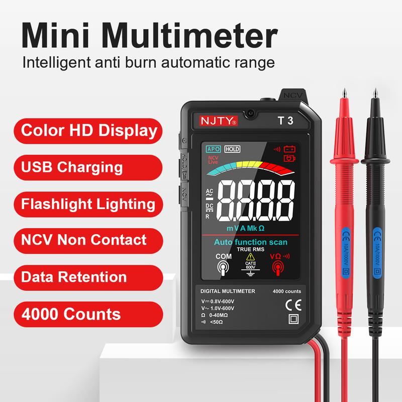 NJTY T3 MINI Smart Digital Multimeter Color Screen USB Rechargeable 4000 Counts Auto Ranging Voltage Resistance NCV Live Wire