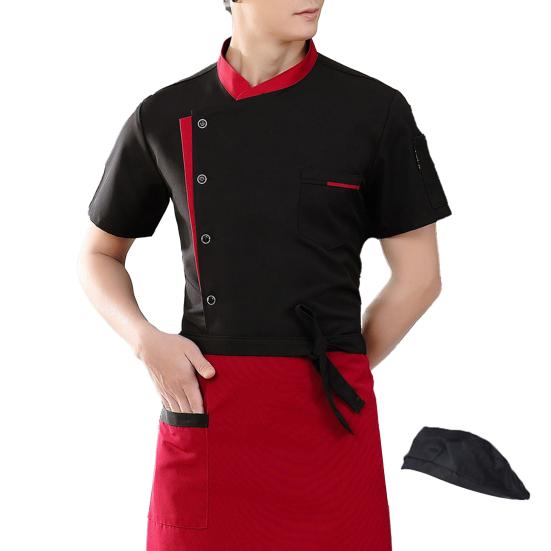 

Набор: фартук и шляпа повара, униформа повара с воротником-стойкой, с коротким рукавом, одежда для персонала кухни с многокарманным дизайном, пэчворк M чёрный