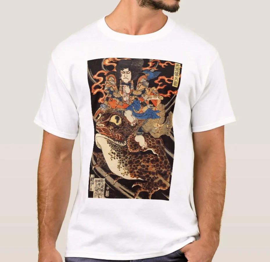 Футболка с принтом «Самурай Укиё и Гигантская Лягушка» Японская живопись Летняя хлопковая с круглым вырезом с коротким рукавом Мужская футболка Новая S3XL S
