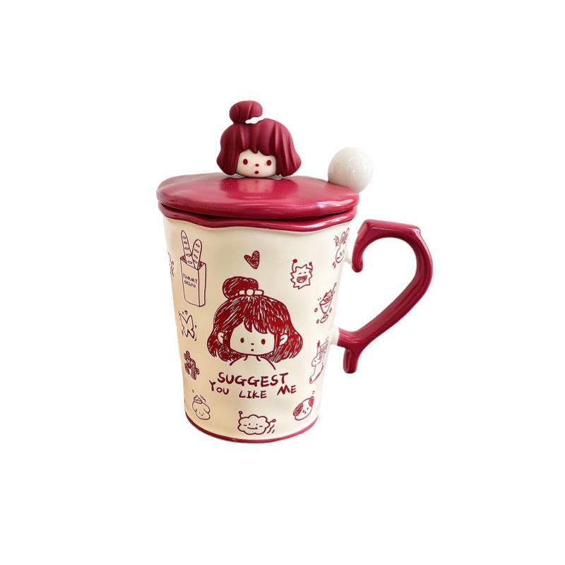 Cute Graffiti Ceramic Cup Couple Mug With Lid Spoon Household Drinking Cup Niche Design Breakfast Cup