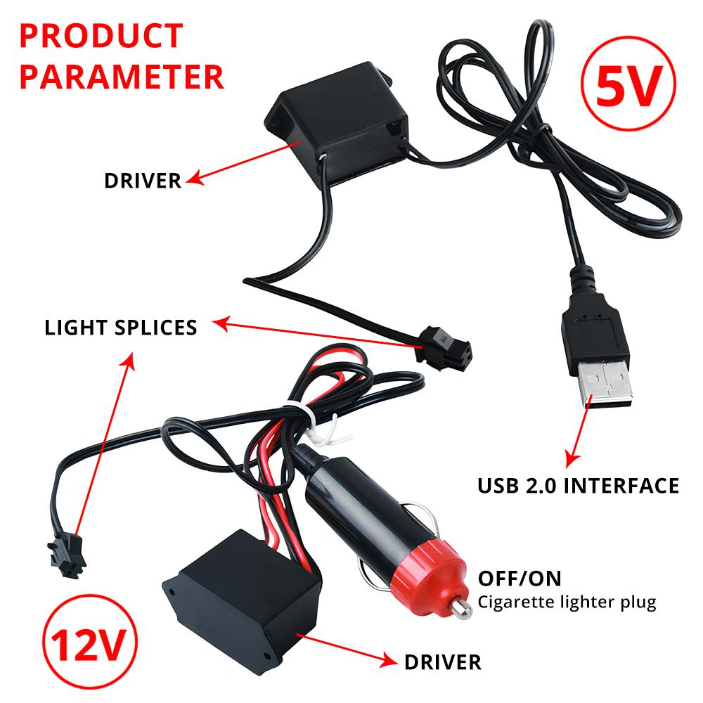 1M 2M 3M 5M Car Interior Lighting Auto LED Strip Wire Rope Tube Line Flexible Neon Light With 12V USB Cigarette Drive