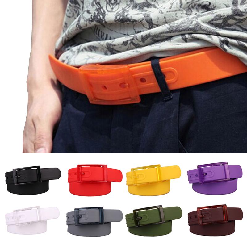 Women Men Belt Adjustable Silicone Candy Color Jelly Rubber Waistband Plastic Buckle