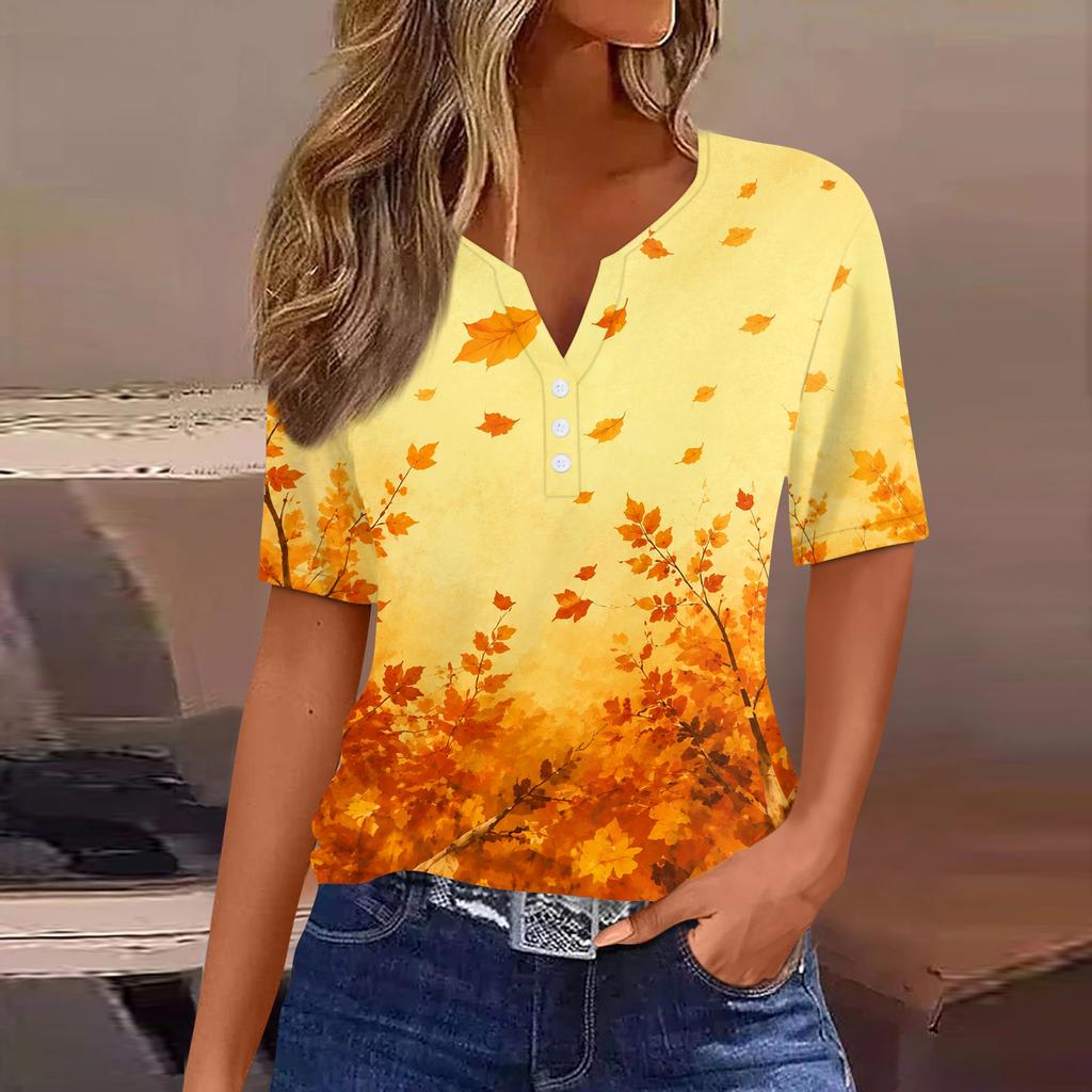 Damen Casual Kurzarm Hemdbluse mit Knopfleiste und Ahornblatt-Print