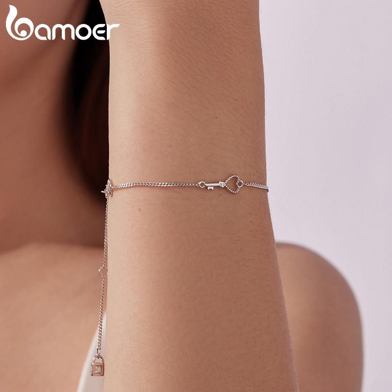 Bamoer 925 Sterling Silver Hollowed Heart Chain Bracelet Adjustable Key Lock Charm Link Chain for Women Minimalist Wrist Decor