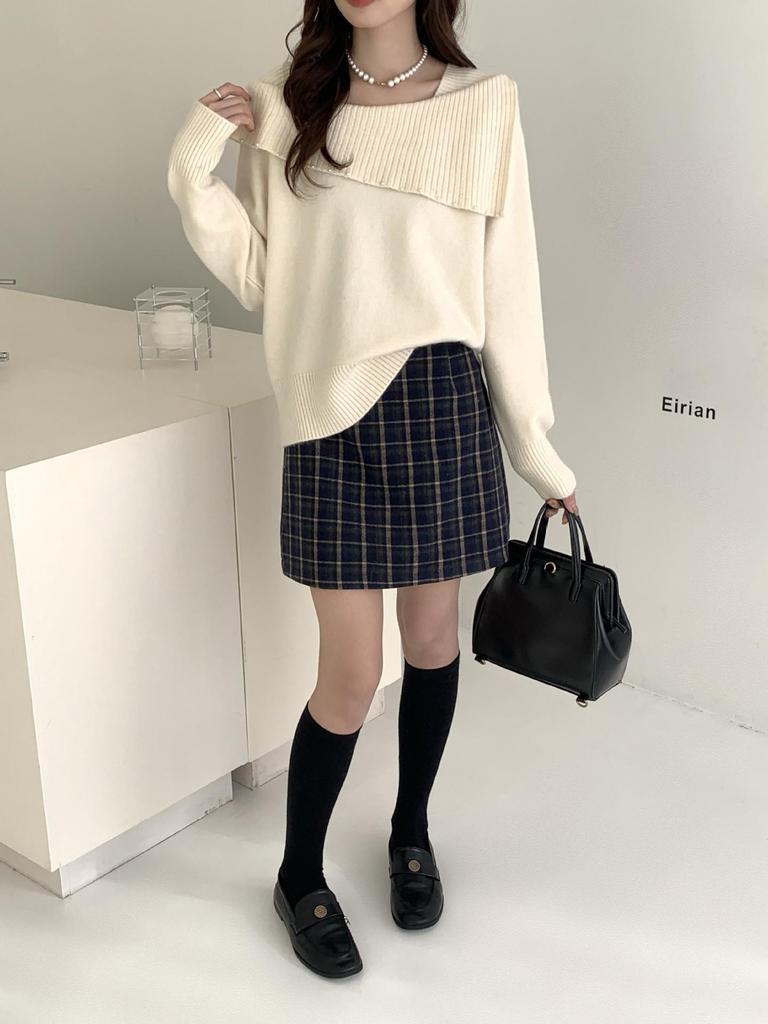 2026 Autumn Korean Style Elegant Beaded Lapel One-Shoulder Knit Sweater