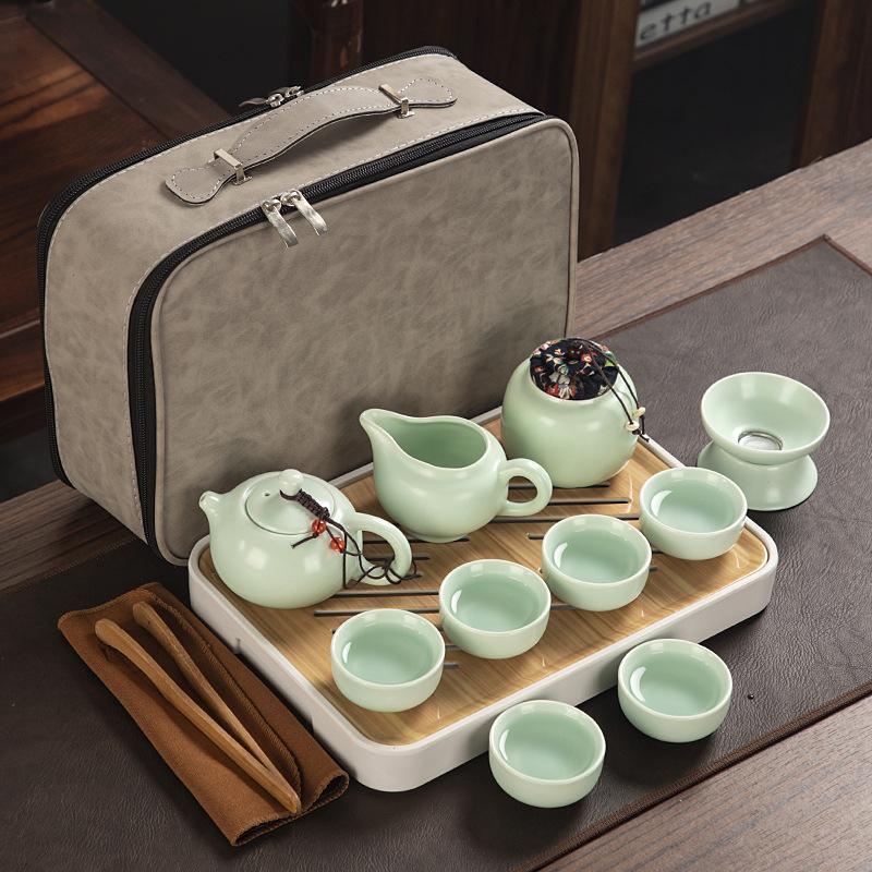 Travel ceramic Kung Fu tea set, tea tray, a full set of portable storage bags, practical business gifts for customers