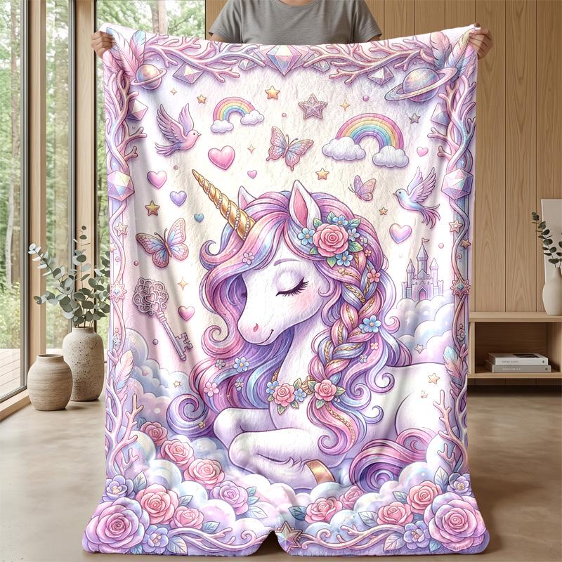 Fantasy Unicorn with Flowers Theme Blanket Lightweight Warm Flannel Blanket Decorative Throw Blanket for Home Decoration