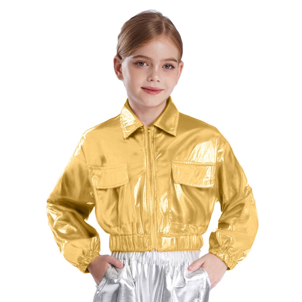 Unisex Kids Metallic Shiny Jacket Turn Down Collar Long Sleeves Flap Pockets Dance Coat