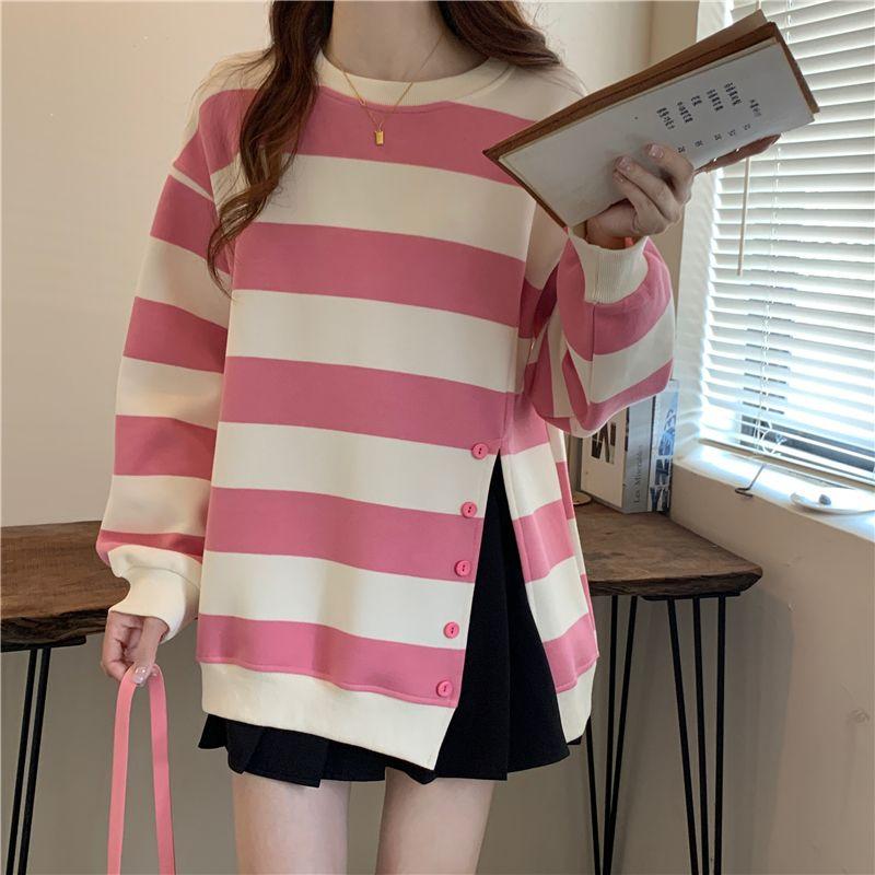 Fashionable Brand Striped Sweatshirt for Women Loose Design Slit Jacket Trendy