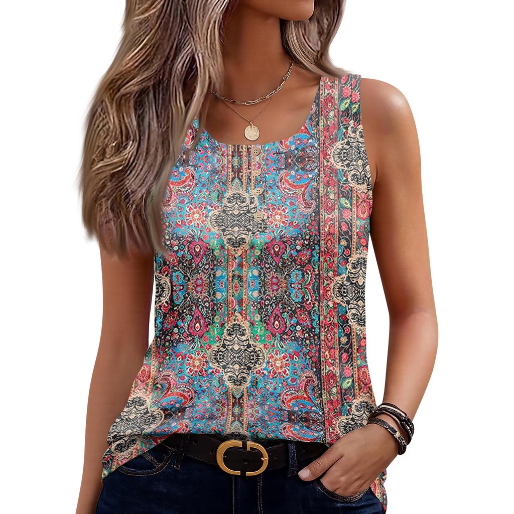 Women’s Sleeveless U Neck Button Front Floral Print Casual Relaxed Fit Tank Top Lightweight Soft Fabric Blouse Shirt