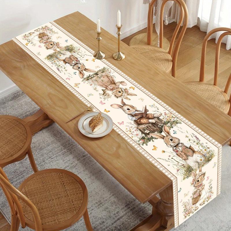 Vintage Easter Bunny Table Runner Polyester Rabbit Eggs Flower Table Cover Easter Decoration For Home Kitchen Dining Table Decor