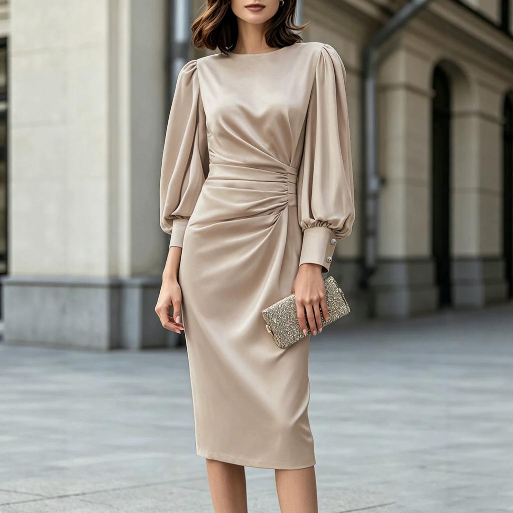 Abito elegante in raso stile europeo e americano con maniche a sbuffo in vita, abito di media e lunga lunghezza con pieghe, borsa a busta, temperamento per il lavoro e il pendolarismo