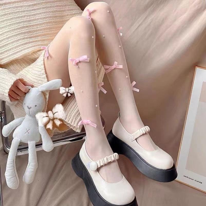 Japanese jk bow pearl white stockings lolita legs shaping thin anti-hook lolita pantyhose