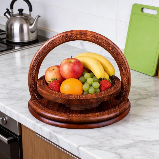 Wood Fruit Basket with Heart-Shaped Partition Hand-Carved Decorative Serving Tray for Fruits Nuts Snacks Multifunctional Home Decor