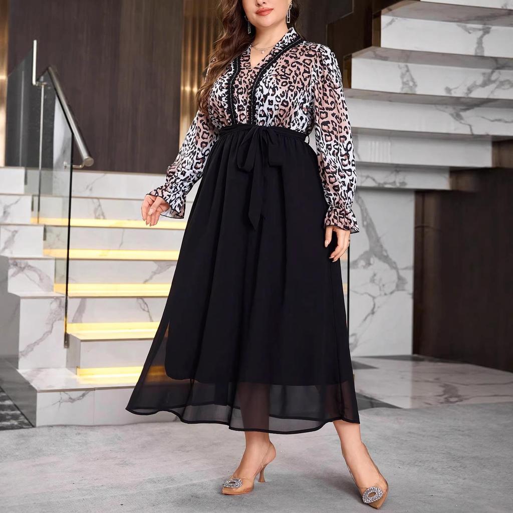 Autumn Leopard Print Plus Size Women's Dress - Retro, Flattering & Fashionable Design