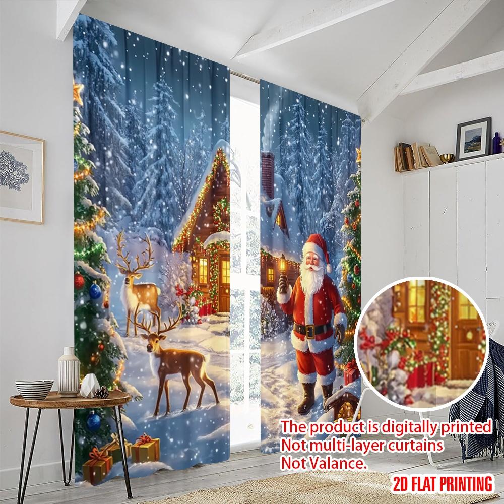 2pcs,2D Plane Printing Print Curtains Santa Claus With Reindeer Christmas Polyester Easy Install (without Rod) Outdoor
