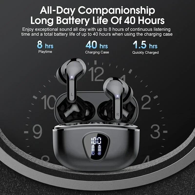 UYUXIO HiFi Stereo Earphone Wireless Earbuds with LED Display 48H Play Time Ear Buds with ENC Noise Cancelling Headphones