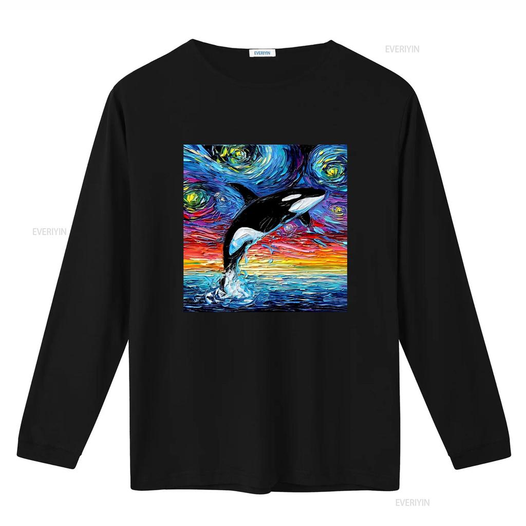 Vibrant Orca Killer Whale Starry Night Ocean Art T Shirt Vintage Washed Streetwear Stretched Casual Versatile