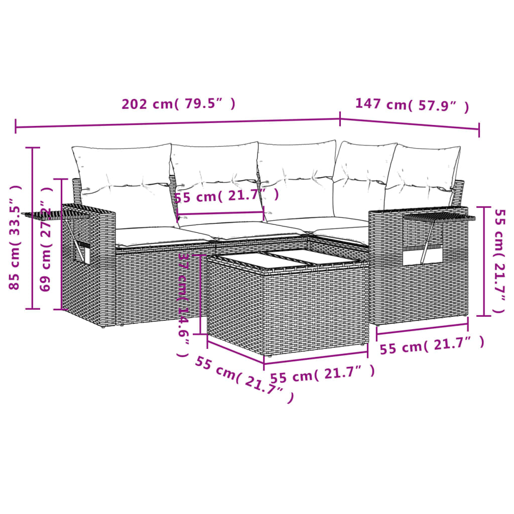 Vidaxl 5-Cz. Garden Furniture Set With Cushions, Brown, Poly Rattan