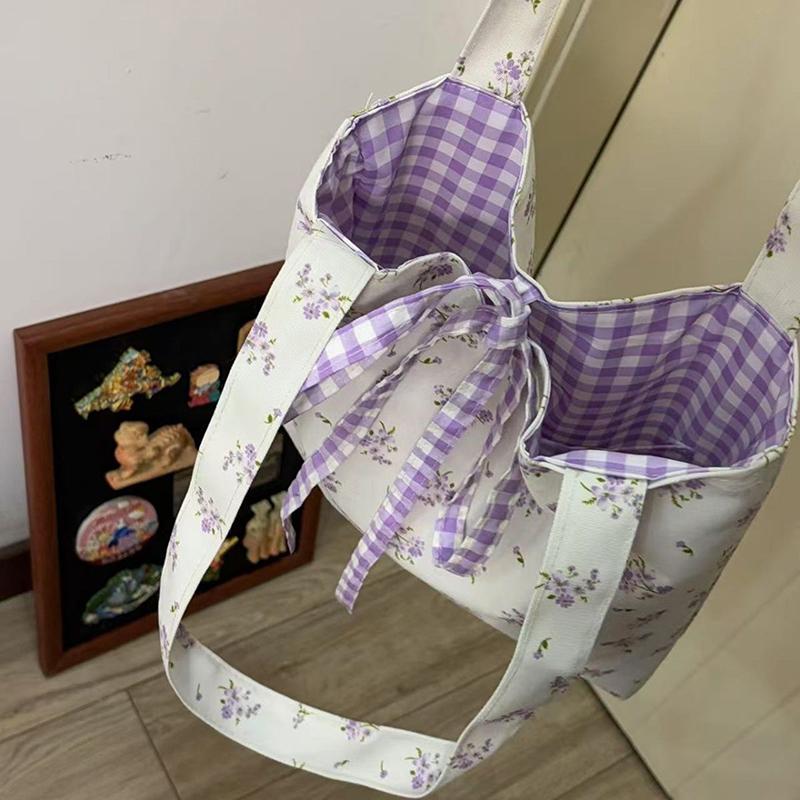 1PC Korean Floral Bow Tie Canvas Bag For Spring Summer Casual Versatile Large Capacity Outdoor Mountaineering Bag Christmas Gift