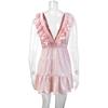 Women's Summer Sexy Deep V-Neck Ruffle Trim Mini Dress Sleeveless High Waist Tiered Slim Fit Party Vacation Dress