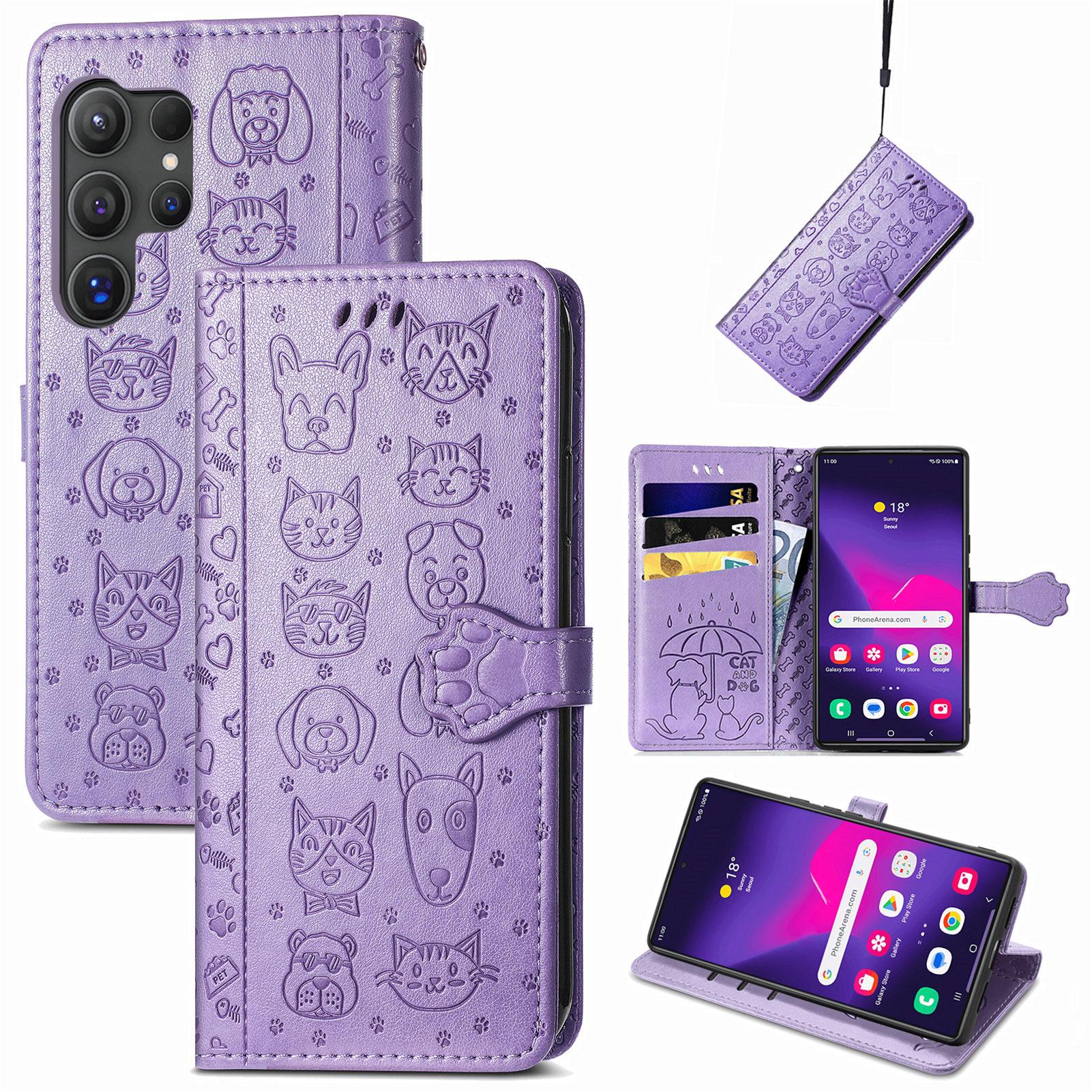 

For Samsung Galaxy S25 Ultra Leather Wallet Case Flip Phone Cover with Cute Cat Dog Pattern Light Purple