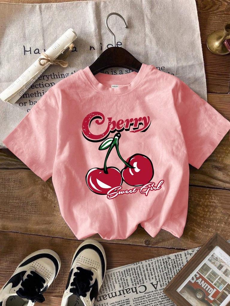3-13A + Estilo de Moda Sencilla Camiseta de Algodón con Estampado de Fruta Cereza Para Niños Camisetas Sudaderas Diarias de Verano para Niñas