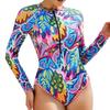 European and American Print Zipper One-Piece Swimsuit: Women's Sunscreen Long Sleeve Beachwear