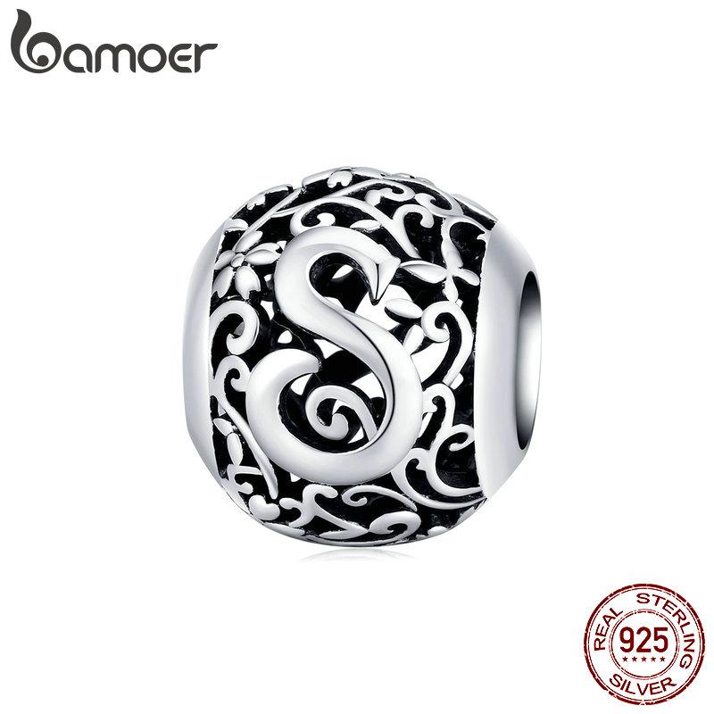 BAMOER 925 Silver Retro Letter Charms Hollowed Alphabet A-Z Round Beads for Women Bracelet DIY Jewelry Making