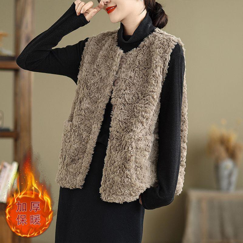 

Литературный и художественный однотонный жилет из овечьей шерсти, куртка, осень и зима, большой размер, женская одежда, круглый вырез, без рукавов, омолаживающий, теплый жилет 2XL recommends 130-77.5 kg