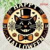 D Flat Vintage Halloween Cat Wall Art   Round Iron Sign with Happy Halloween Design Black Cat in Top Hat  Bow Tie