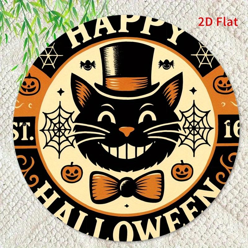 D Flat Vintage Halloween Cat Wall Art   Round Iron Sign with Happy Halloween Design Black Cat in Top Hat  Bow Tie