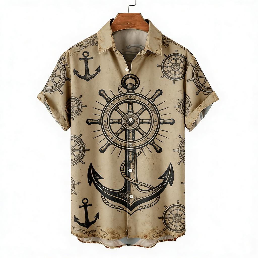 Men's Summer Casual Shirt, Vintage Raven and Snake Tattoo with Nautical Motifs, Turn-Down Collar Top for Retro Street Style