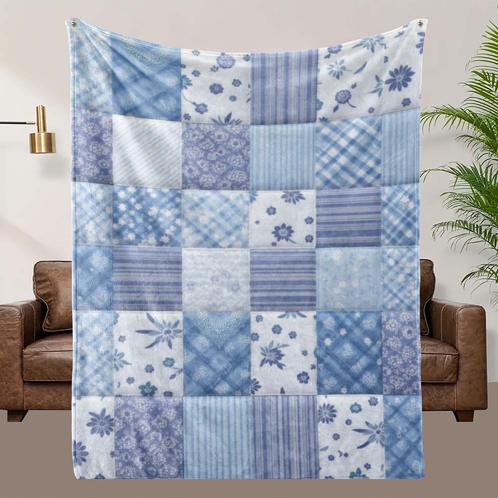 1Pc  Blue Patchwork Print Flannel Blanket Soft Cozy Warm Throw Blanket For Home Couch Bed