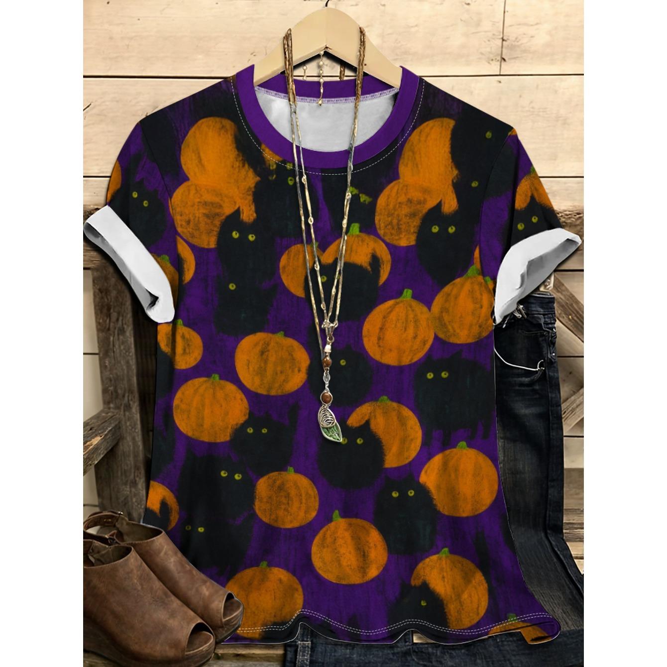 

Summer Round Neck 3D Halloween Themed Pattern Print Top Fashionable Casual Short Sleeved Women s T-shirts XS