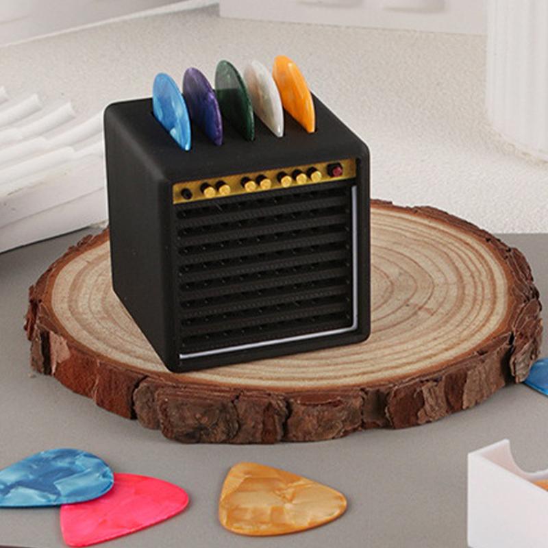 Portable 3D Printed Guitar Pick Organizer with Drawer Waterproof Dustproof Amp Shape Holder 5 Slots with 5pcs Random Color Picks