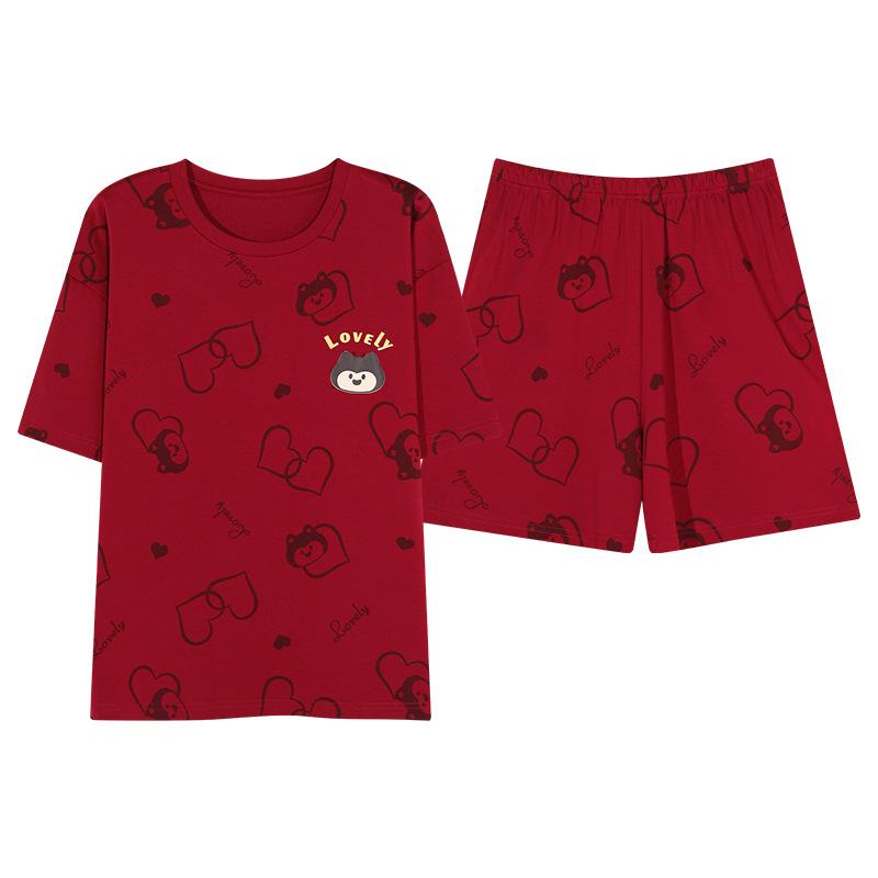 Red Pajamas Couple Summer Wedding Suit Pure Cotton Short-sleeved Men's and Women's Natal Year Cute Thin Wedding Loungewear