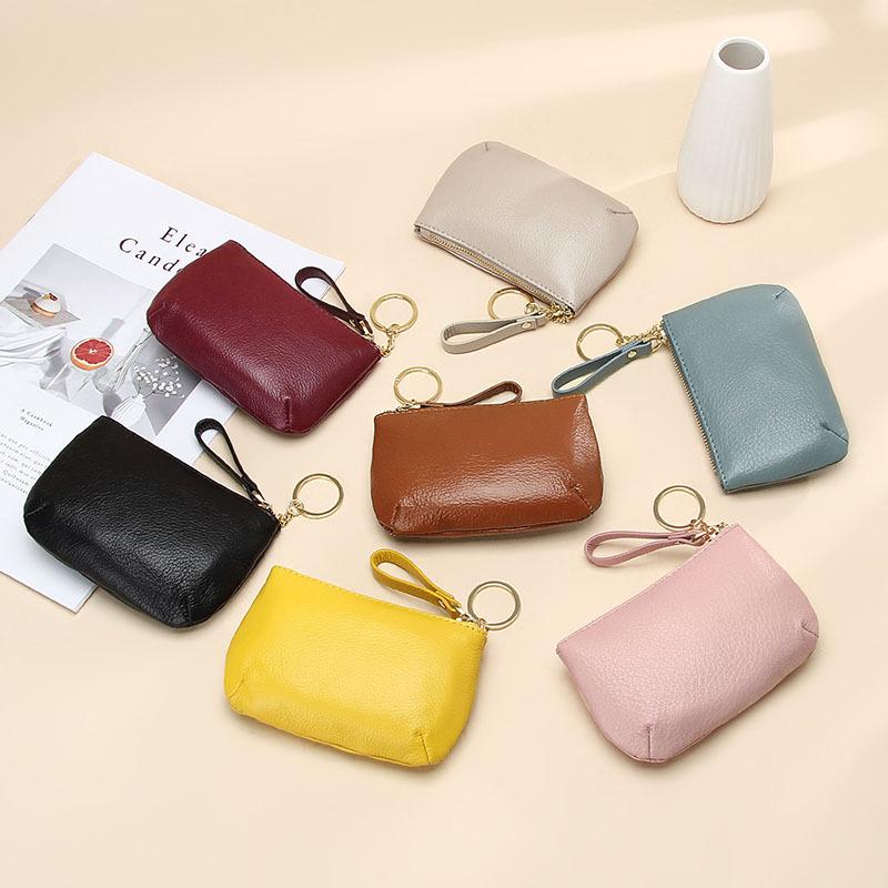 Soft Cowhide Zipper Keychain Wallet - Genuine Leather Coin Purse for Women