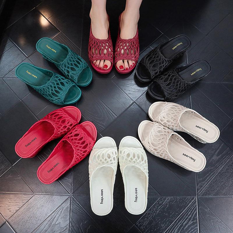 Women's 2025 Fashion High Heel Non-Slip Slippers - Summer Hollow Out, Comfortable, Thick Sole, One-Strap Design for Outdoor Use