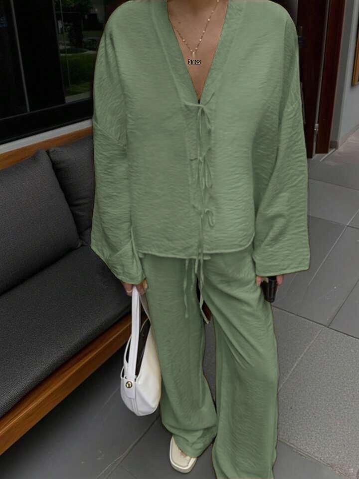 2025 Spring/Autumn European & American Women's High-End Lace-Up Shirt & Long Pants Casual Fashion Set